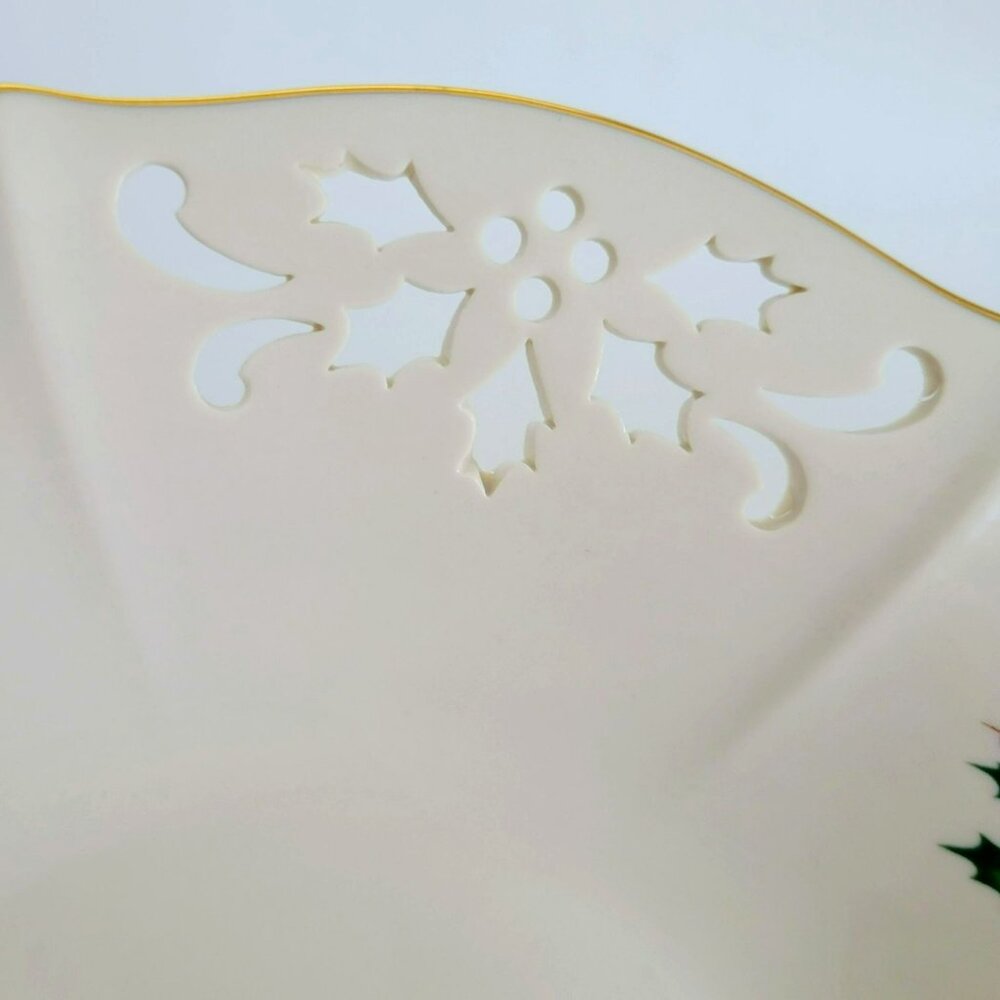 Lenox Holiday Pierced Low Bowl, Gold Trim Christmas Holly Design, Festive Dining - Picture 7 of 12